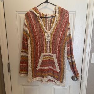 easel Striped Knit V-Neck Hoodie in Rust, Mustard & Cream